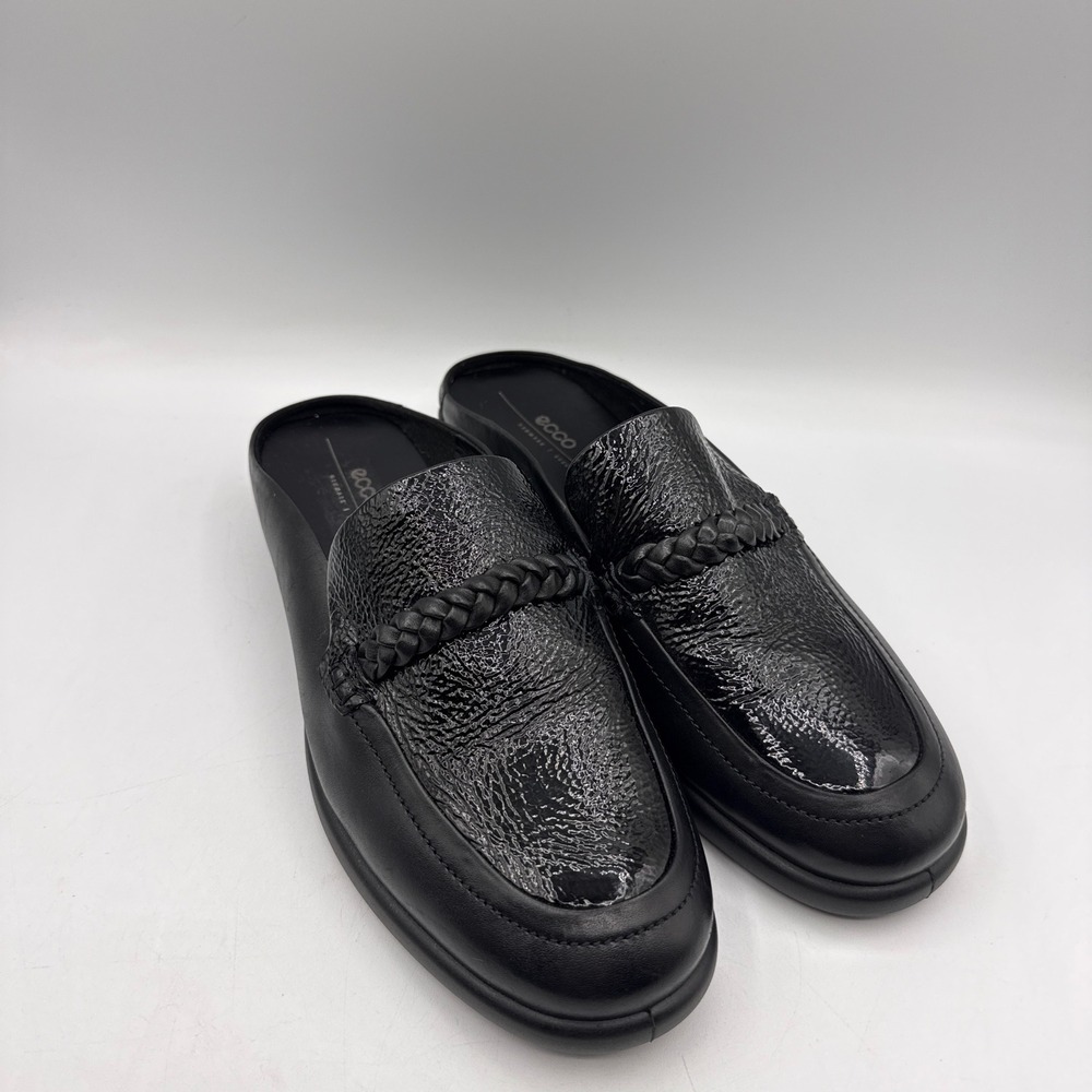 ECCO Anine Mules Women 10-10.5 Black Leather Crinkled Patent Braided Loafer 41